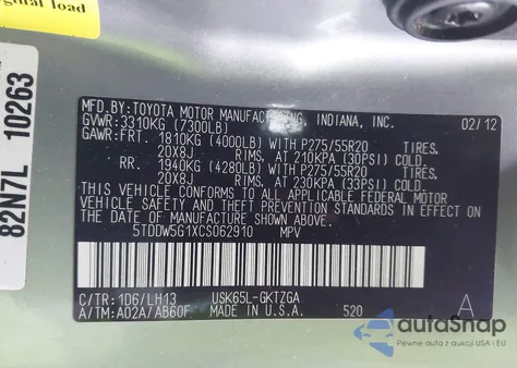 2012 Toyota Sequoia Platinum 5.7L V8 from USA, damaged, VIN 5TDDW5G1XCS062910